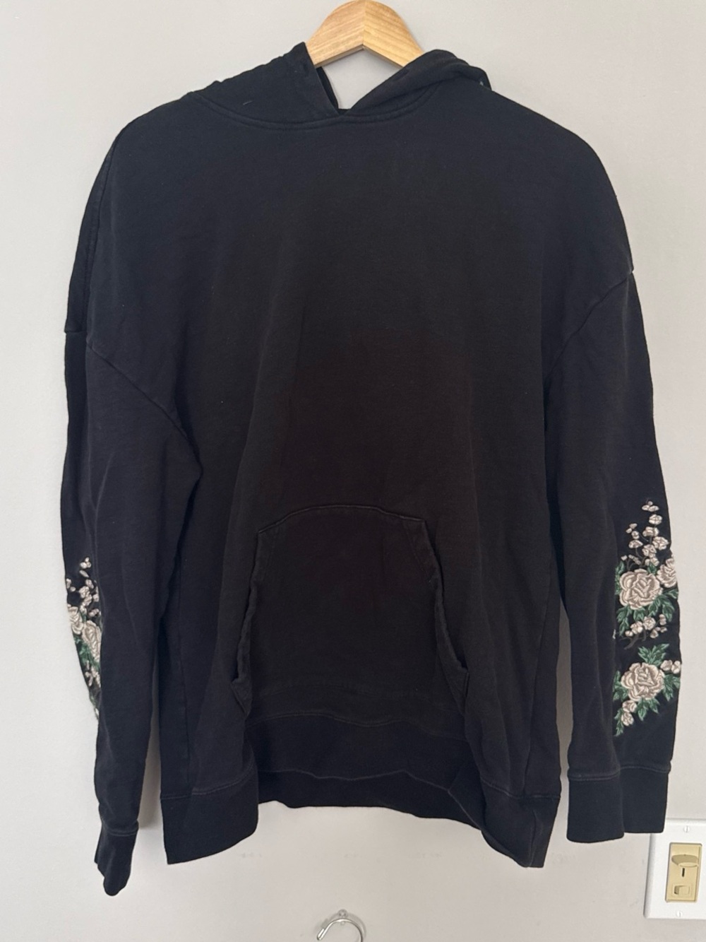 Black Hoodie Sweater with Floral Sleeve Embroidery